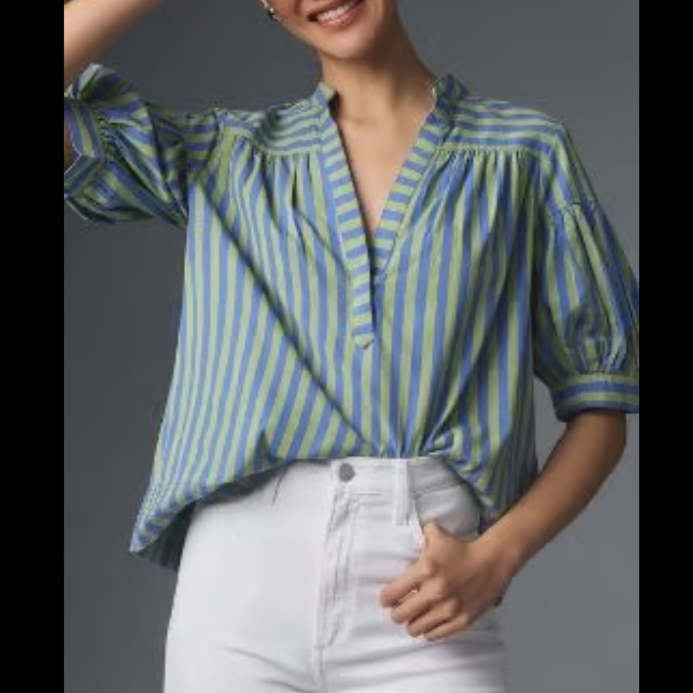 Anthropologie Darcy Popover Striped Blue and Green Women's Top